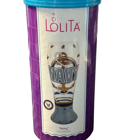 Lolita Hand-Painted Pilsner Glass 22 oz Celebration Festive Navy Theme - Picture 1 of 12